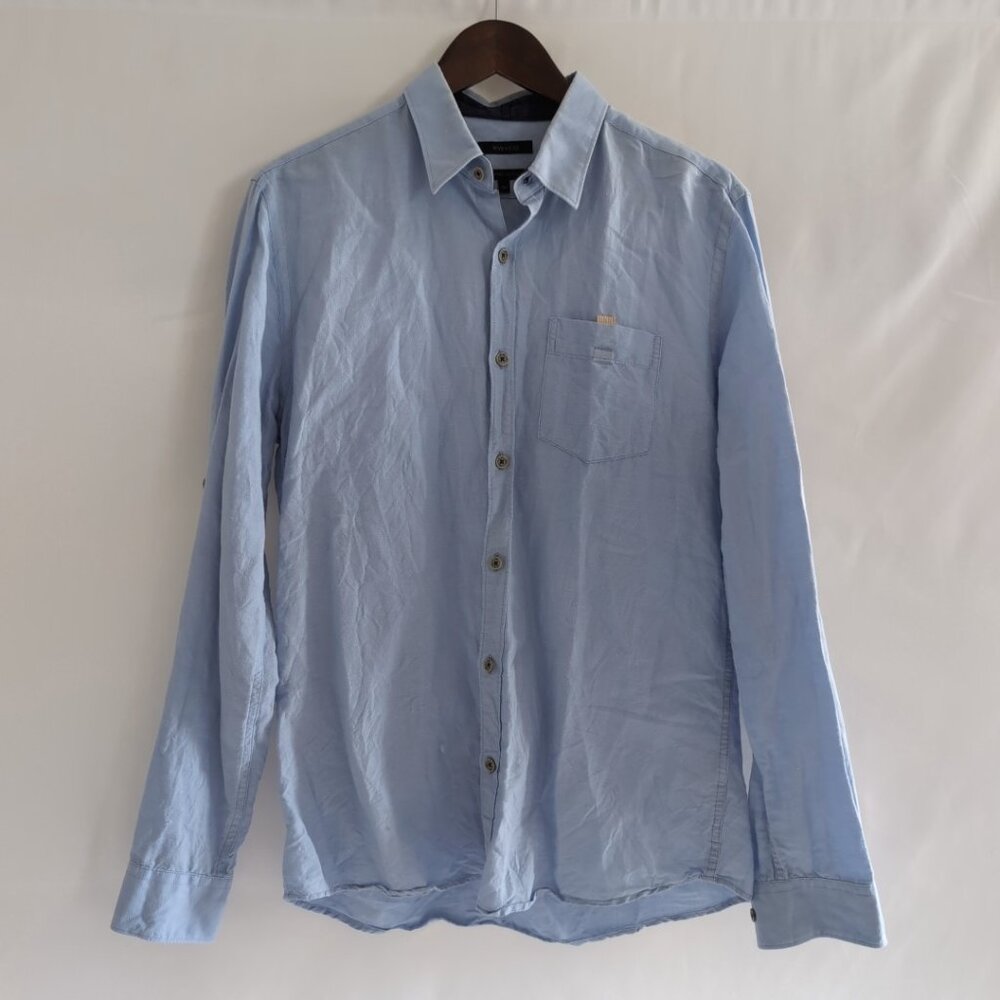 RW&CO Men's Light Blue Linen Button Up Shirt Long Sleeve Fitted Casual, Medium